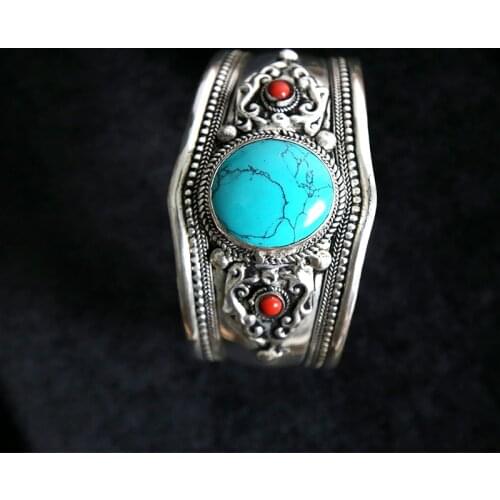 Charming Handcraft Silver Bracelet Bohemian antique Inlaid Turquoise Bracelet