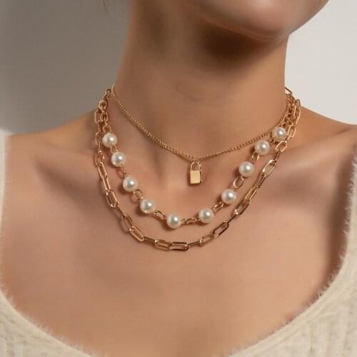 Orgin Summer Temperament Multilayer Lock Shape Pearl Pendant Necklace for Women Elegant Cuban Chain Necklace Party Jewelry
