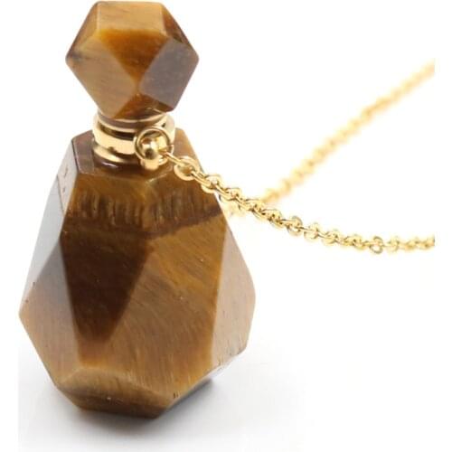 FYSL Light Yellow Gold Color Geometric Shape Tiger Eye Stone Pendant Perfume Bottle Necklace for Party Gift Jewelry