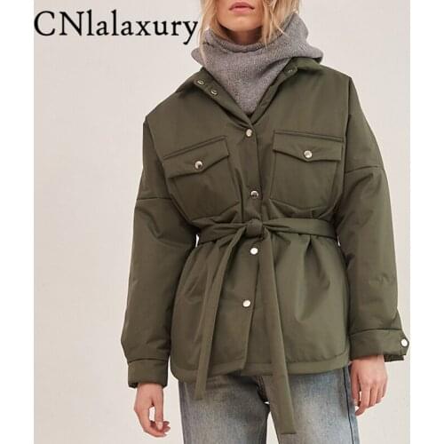 2021 Winter Turn Down Collar Parkas Women Fashion Tie Belt Coats Women Elegant Front Pockets Cotton Jacket Female Ladies Outwear