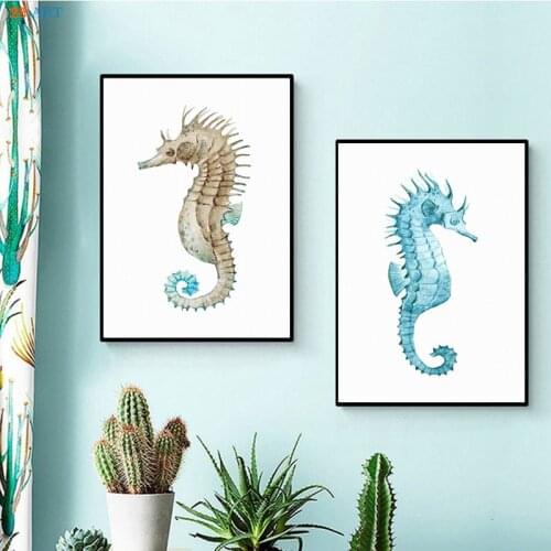 Seahorse Print Ocean Life Canvas Painting Blue Wall Art Watercolor Painting Bathroom Wall Decor Nautical Kids Room Decor