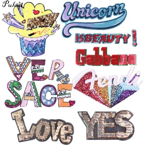 Pulaqi Hippie Sequin Iron On Patches For Clothes Stripes Letter Sequin Patches Sequins Applied Sewing Accessories Sequin Decro
