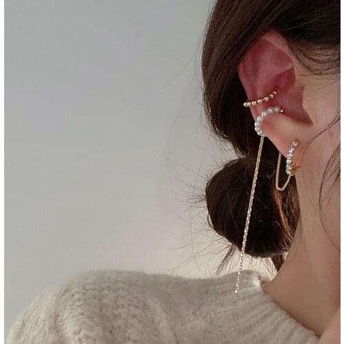 Korean Gold Silver Color Asymmetry Pearl Circle Tassel Chain Clip on Ear Cuff Earrings Fake Piercing Multi-layer Earcuff Jewelry