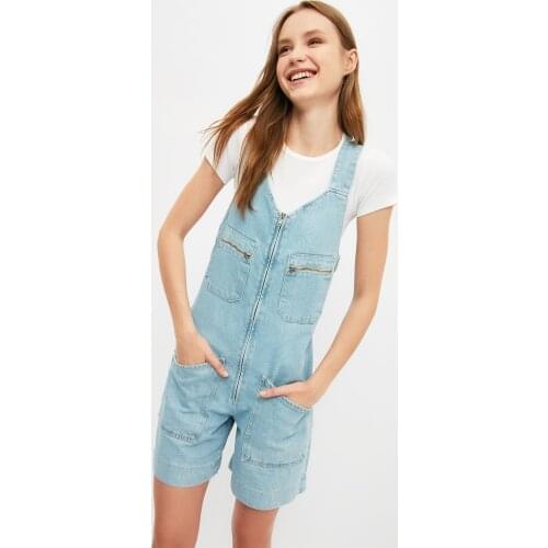 Blue Pocket Detailed Zipper Denim Jumpsuit, Women Natural cotton Woven Fabric, Quality Planting, Modern Design, daily, 4 seasons For