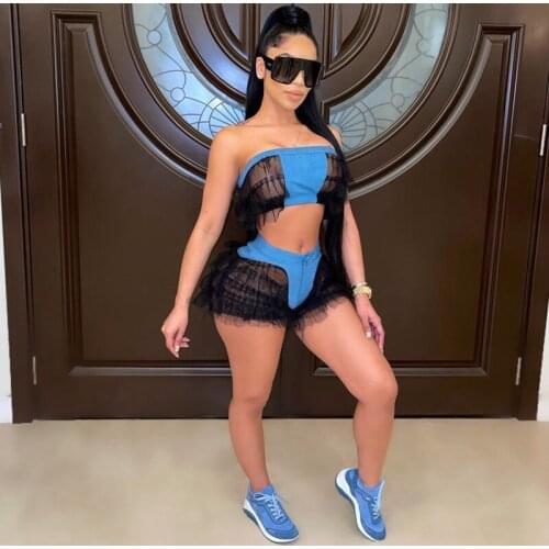 TNNAOFF Jean Mesh Sheer Patchwork 2 Piece Set for Women Summer Vacation Outfit Strapless Tube Top Sexy Biker Shorts Matching Set