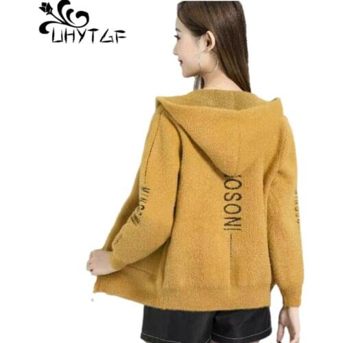 UHYTGF Mink Fleece Spring Autumn Sweater Jacket Women Fashion Hooded Knitted Cardigan Female Casual Short 3XL Plus Size Coat1571