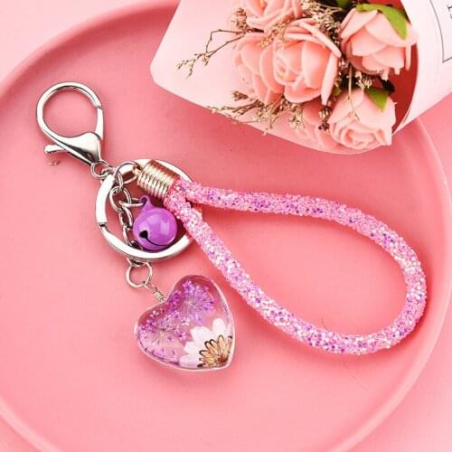 Time Flower Keychain Heart Dried Flower Plant Bell Keyring Rhinestone Rope Pendant Accessories Car Key Chain Gift