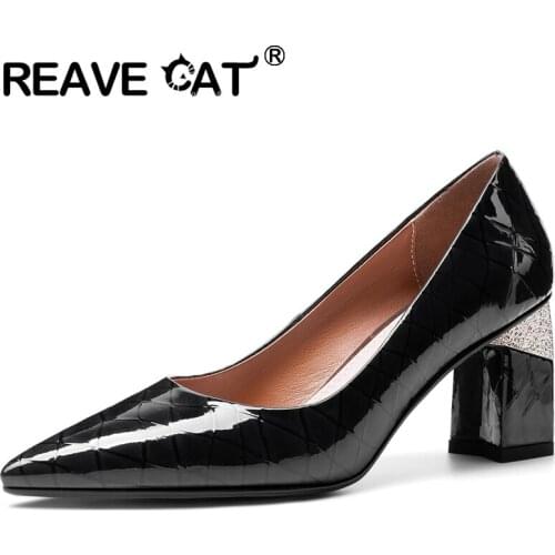 REAVE CAT Women New 2021 Pumps Pointed Toe 6.5cm Block Heels Patent Leather Elegent Slip-On Classic Patchwork Big Size 48 A3673