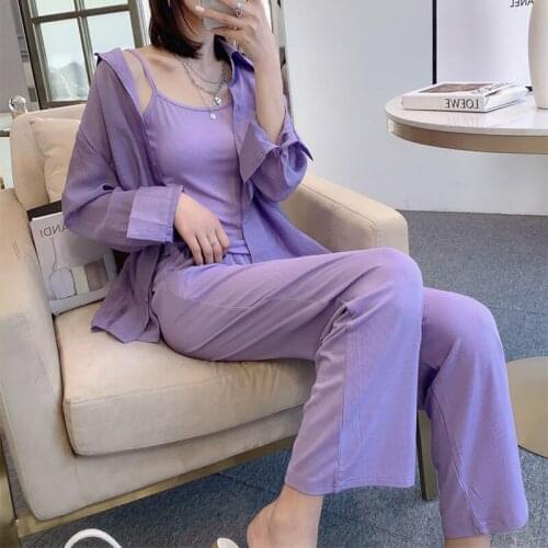 2021 Summer Loose Shirt Sun Protection Clothing and Suspenders Vest + High Waist Wide Leg Pants Suits 3 Piece Set Women Y778
