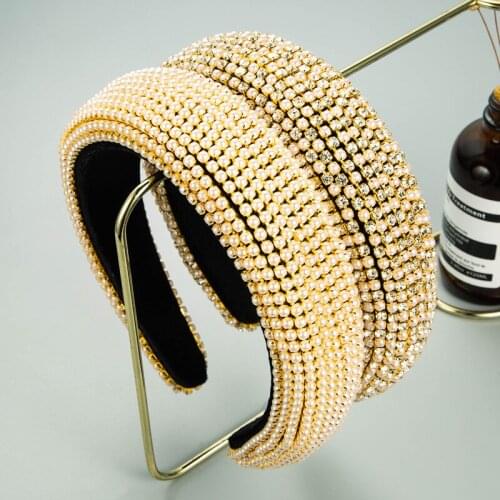 New Arrived Handmade Crystal Diamond Pearl Beads Baroque Headband Bling Padded Hairband Women Elegant Hair Accessories