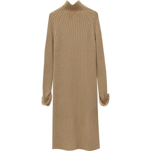 PERHAPS U Women Khaki Beige Brown Knitted Sweater Turtle Neck Casual Long Sleeve Midi Dress Autumn Winter D2117