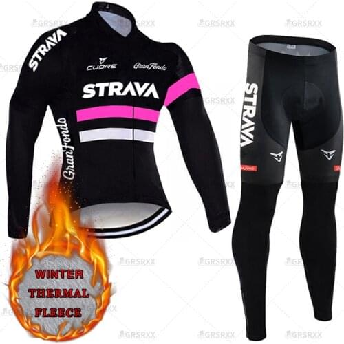 STRAVA Womens Winter Cycling Suit 5D Gel Padded Bib Trousers Cycling Team Racing Jersey Set Fleece Long Sleeves Bicycle Clothes