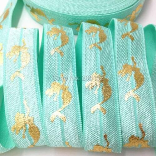 Gold Foil Mermaid Print Aqua Fold Over Elastic 5/8" Aqua FOE Elastic Mermaid Ribbon for DIY Headwear Hair Accessories 10Y/lot
