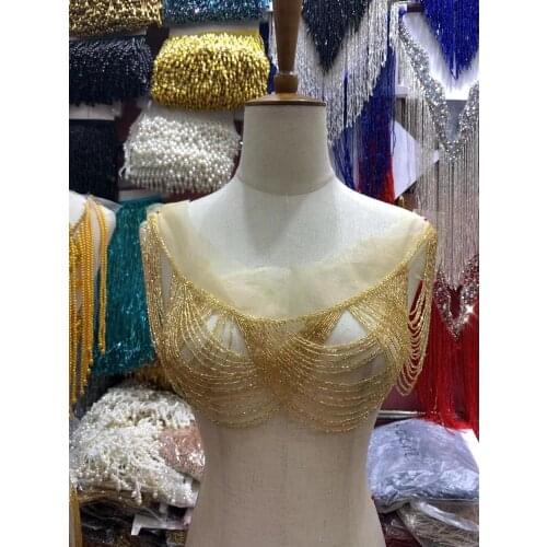 Gold Fully Handmade Beaded Fringe necklace handmade lace tassle trim for wedding bridal gown dress/party SGTM96