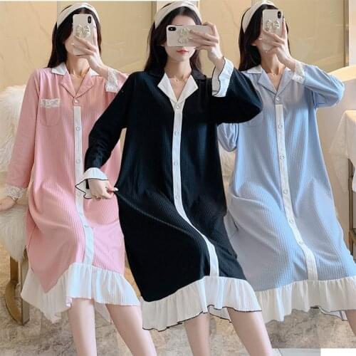 2021 Autumn Long Sleeve Cotton Nightgown for Women Korean Loose Long Dress Sleepwear Night Gown Nightdress Nightwear Home Nighty