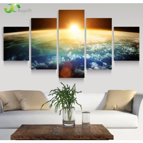 5 Panel Space Canvas Art Sunrise Painting Of Earth Universe Picture Home Decoraction For Room Outer Space Poster Cosmos Unframed