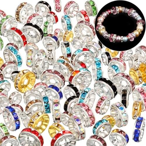50pcs/lot Metal Rhinestone Rondelles Crystal Beads Multicolor Round Loose Beads For DIY Jewelry Making Accessories 4 6 8 10mm