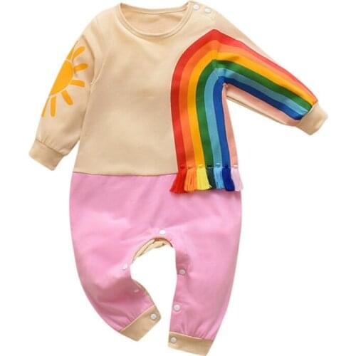 Autumn Baby Rompers Boy Girl Long Sleeve Rainbow Stripe Print Patchwork Design Kids Casual Romper