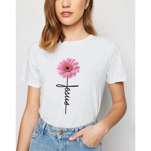 Daisy Printed T Shirt for Women Jesus Cross Faith Tops Tees Short Sleeve O-Neck Casual Soft T Shirt Ladies Shirt Ropa Mujer