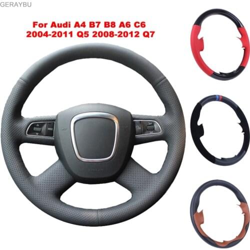 GERAYBU Custom DIY Black Artificial Leather Hand-sewn Car Steering Wheel Cover For Audi A4 B7 B8 A6 C6 2004-2011 Q5 2008-2012 Q7