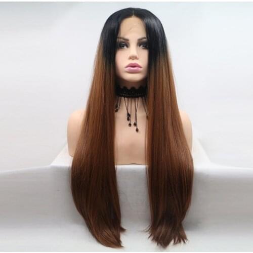Omber Brown Long Straight Synthetic Lace Front Wig Natural Hairline Heat Resistant Fiber Free Parting For Women