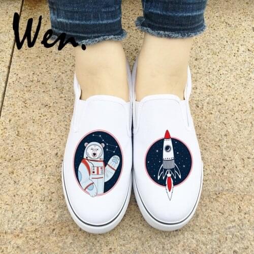 Wen Original White Sneakers Starry Space Rocket Bear Spaceman Slip On Lazy Design Black Canvas Womens Mens Shoes Unique Gifts