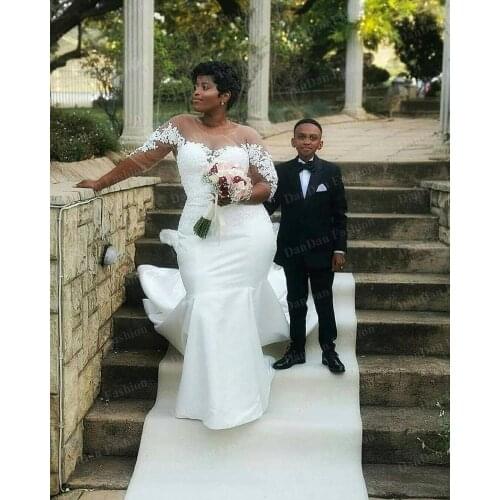 Mermaid Long Sleeves Lace Custom Made Satin Floor Length Sweep Train Custom Made Wedding Bridal Dresses Gown