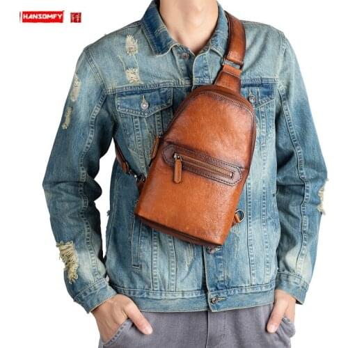 2021 Genuine leather Men Chest Bag Vintage Male Shoulder Messenger bag casual soft top layer leather Short Trip chest bag Pack
