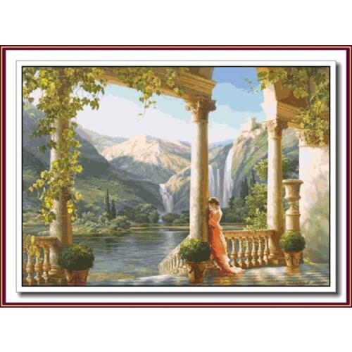Top Quality 14CT Counted Unprinted Cross Stitch Kits Needlework For Embroidery Decor Arts The woman on the Lake Pavilion Cascade