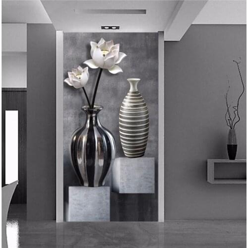 Papel de parede Three - dimensional mystery fresco black and white lotus vase living room aisle background wallpaper