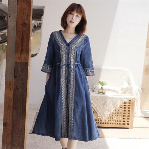 Autumn Denim Women Dresses 2020 Vintage Embroidery Dress Q8171 V-Neck Half Sleeve Loose Embroidery String Waist Vestido