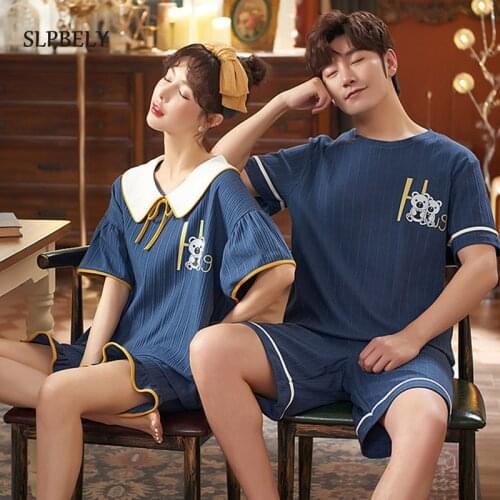 SLPBELY Couple Pajamas Summer Femme Male Lover Pyjamas Kawaii Cartoon Koala Printed Short Sleeved Men Women Homewear Sleepwear