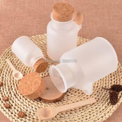 PP Round Bath Salt Bottle 100ml Powder Plastic Bottle with Cork Jar with Wood Spoon,Packaging Bottle F366