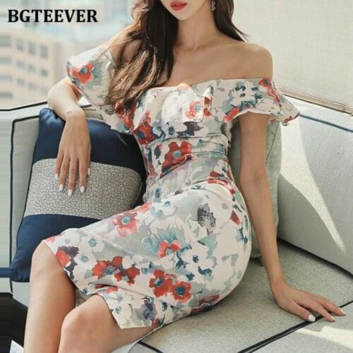 BGTEEVER Summer Slash Neck Ruffles Women Bodycon Skinny Dress Elegant Ladies Slim Waist Split Floral Vestidos 2021