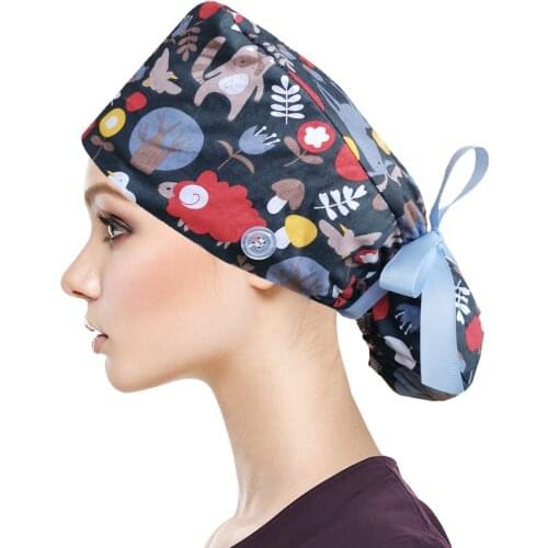 Unisex Working Nursing Cap With Buttons Comfortable Wearing Long Hair Sweatband Bouffant Hat Adjustable Black Tie Enfermera A40
