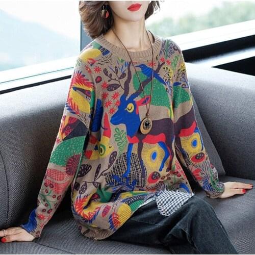 2021Christmas sweater autumn and winter new retro long sleeve printed knitted sweater round neck loose womens fashion sweater