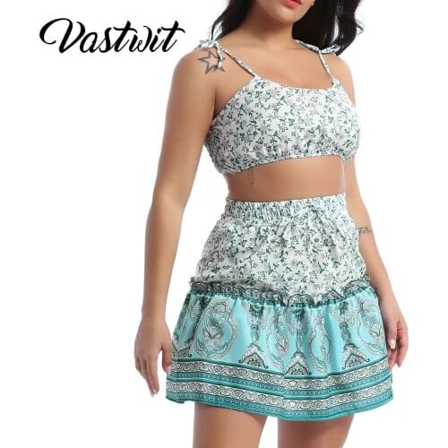 2Pcs Women Floral Print Skirts Set Fashion Summer Beach Spaghetti Strap Cropped Top Mini Skirts