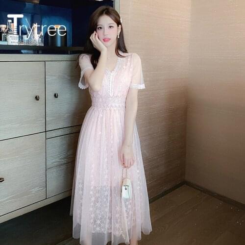 Trytree 2020 Summer Woman Dress Casual V-neck Fashion Patchwork Lace Mesh Temperament Elegant A-line 2 Color Mid-Calf Dress
