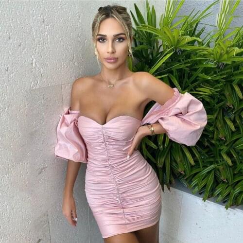 2021 New Strapless One-word Neck Fold Sexy Lantern Sleeve Nightclub Party Dress Solid Color Purple Tube Top Dress for Women