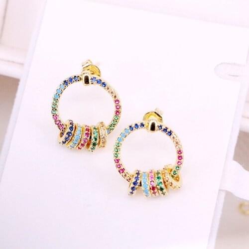 3Pairs, Trendy Rainbow CZ Earrings Colorful Floating Beads Stud Earrings Fashion Jewelry