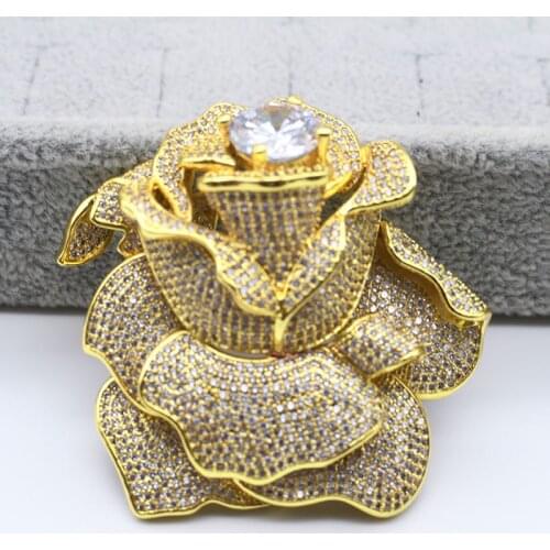 Big Top Grade Beautiful Gold Cubic Zirconia Pave Rose Flower Brooch Pin/connectors