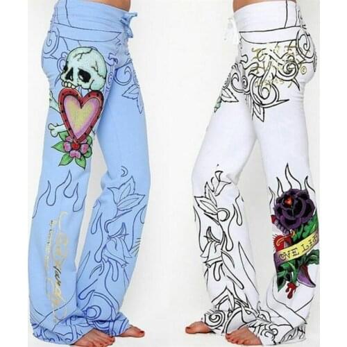 Baggy pants Elegant plus size pants Fashion Women Skull Rose Printed Pants Hippie Wide Leg Boho Trousers ropa mujer