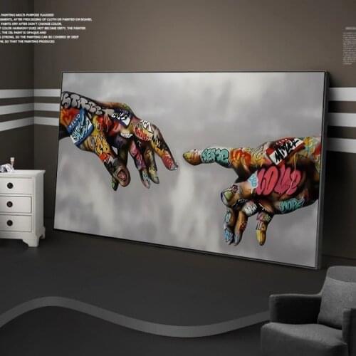 Graffiti Art Creation Of Adam Canvas Posters And Prints Hand to Hand street Art Canvas Paintings on the Wall Art Pictures Cuadro