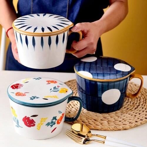HGHO Instant Noodle Bowl Household Soup Bowl Japanese Hand PAinted Creative Instant Noodle Bowl with Handle