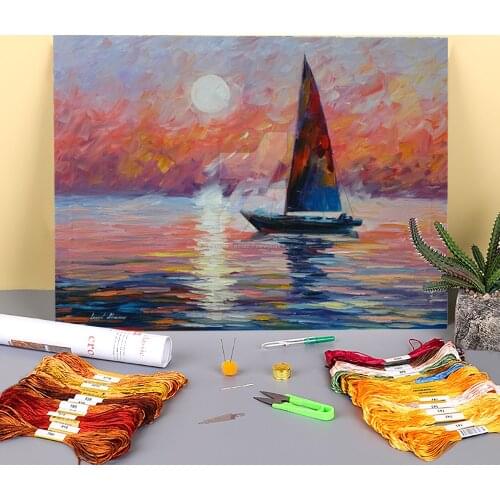 Oil Painting Style Sea Haze Printed Canvas 11CT Cross-Stitch DIY Embroidery Set DMC Threads Craft Handicraft Handmade Floss