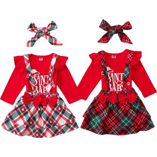 3Pcs Christmas Baby Girls Outfit, Letter Printing Long Sleeve Round Collar Romper + Plaid Suspender Skirt + Headwear Set
