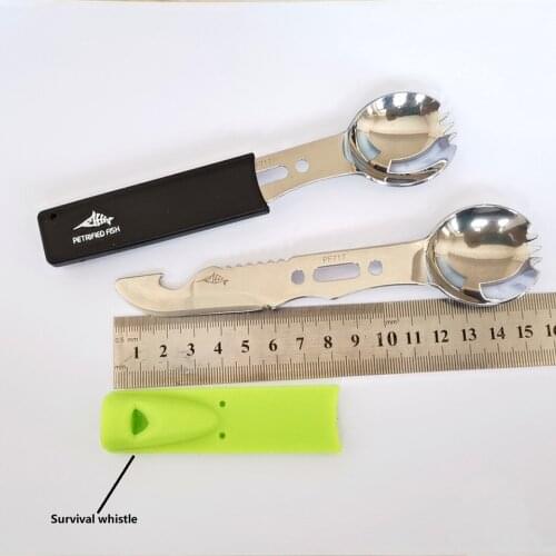 Stainless Steel Spoon Fork Tableware Multi Tool Can Opener Portable Utensil Flatware Cutlery Bottle Camp Picnic Spork Whistle