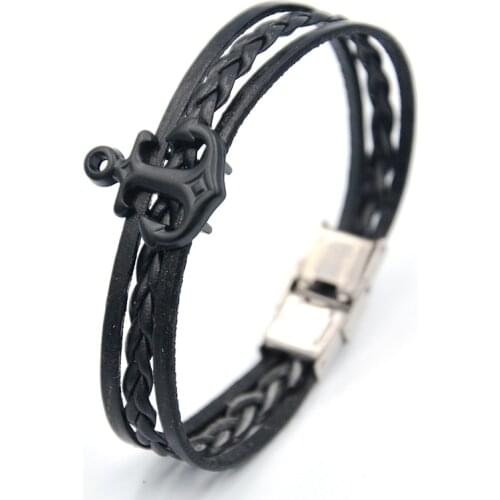 JUNWEI Mens Leather Braided Bracelets Black Anchor Chain Stainless Steel Jewelry Gifts for Men