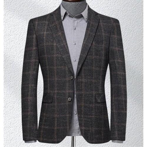 Mens Wool Blazer Striped Jacket Elbow Patch Blazer Tweed Blazers Coat Business Casual Overcoat SHIERXI