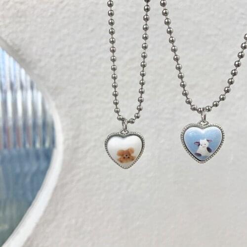 Japanese Harajuku Style Round Beaded Clavicle Chain Necklaces Girls Friend Gifts Cute Cows Print Heart Pendant Necklace Jewelry